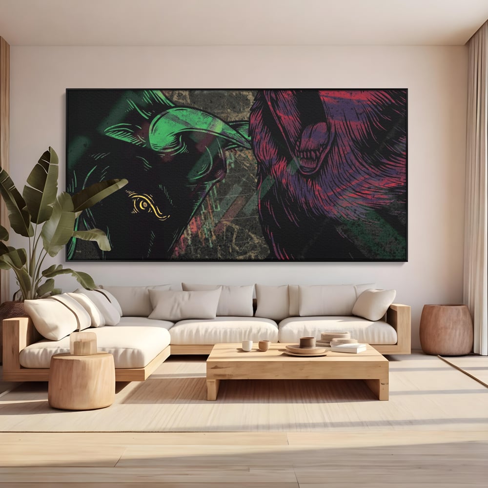 Tablou canvas cu ilustratie digitala cu taur si urs, in rama de aluminiu negru, pe perete intr-un living